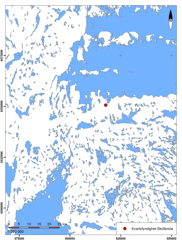 Kvartsfyndigheten i Sköllersta i förhållande till strandlinjen 5000 f.  Bakgrundskarta: SGU
